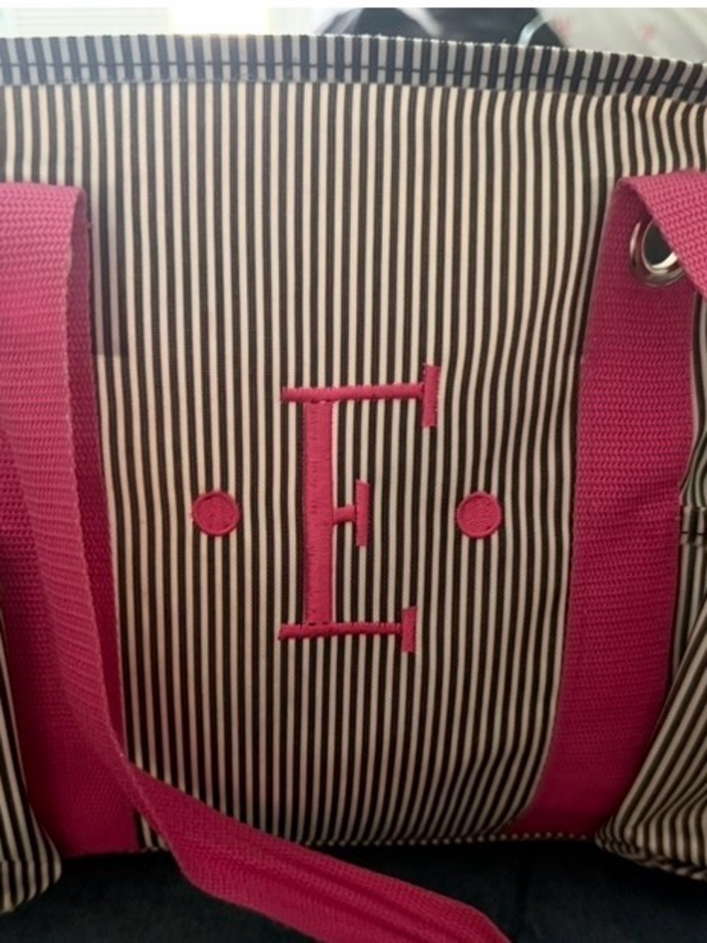 Thirty-One RETIRED Blue & White Pin-Striped Classic Tote w/ Hot Pink Accents “E”